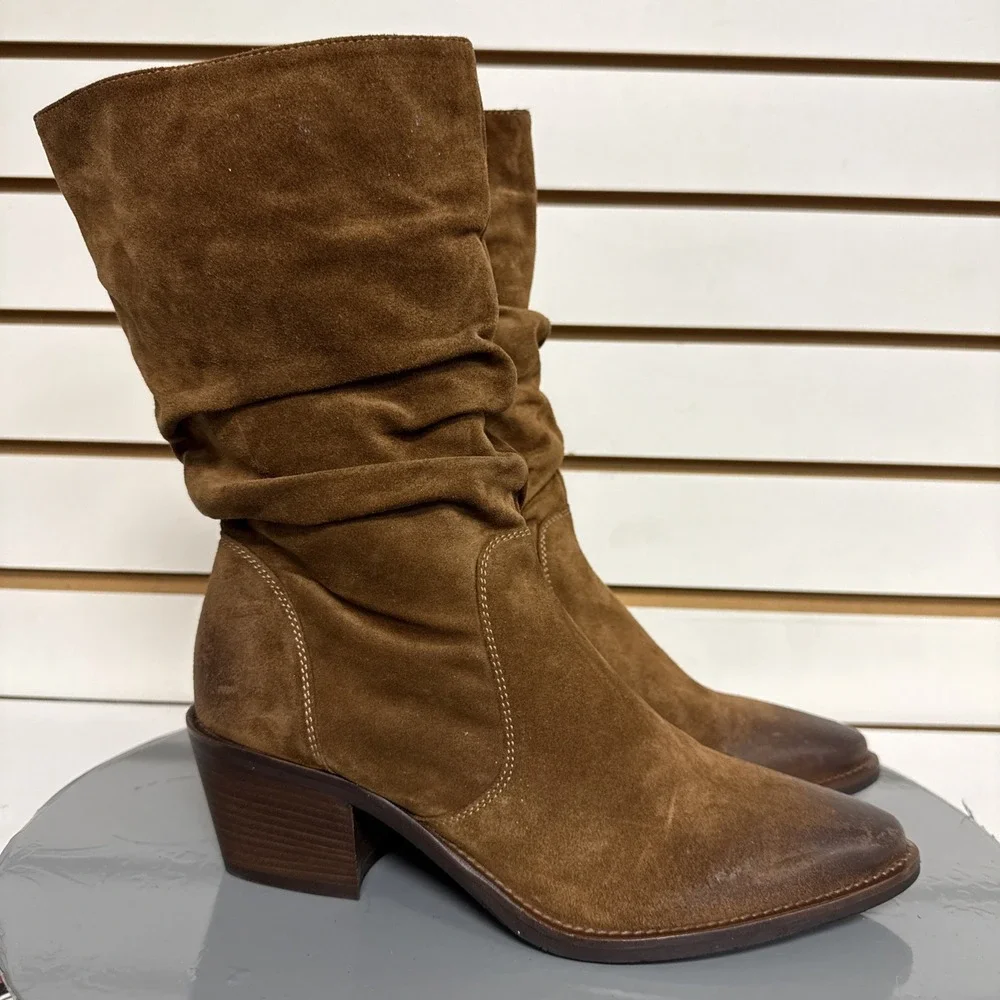Donna Carolina Boot Slouch Nubuck Suede Leather‎ Cowgirl Western Side Zip 36.5
